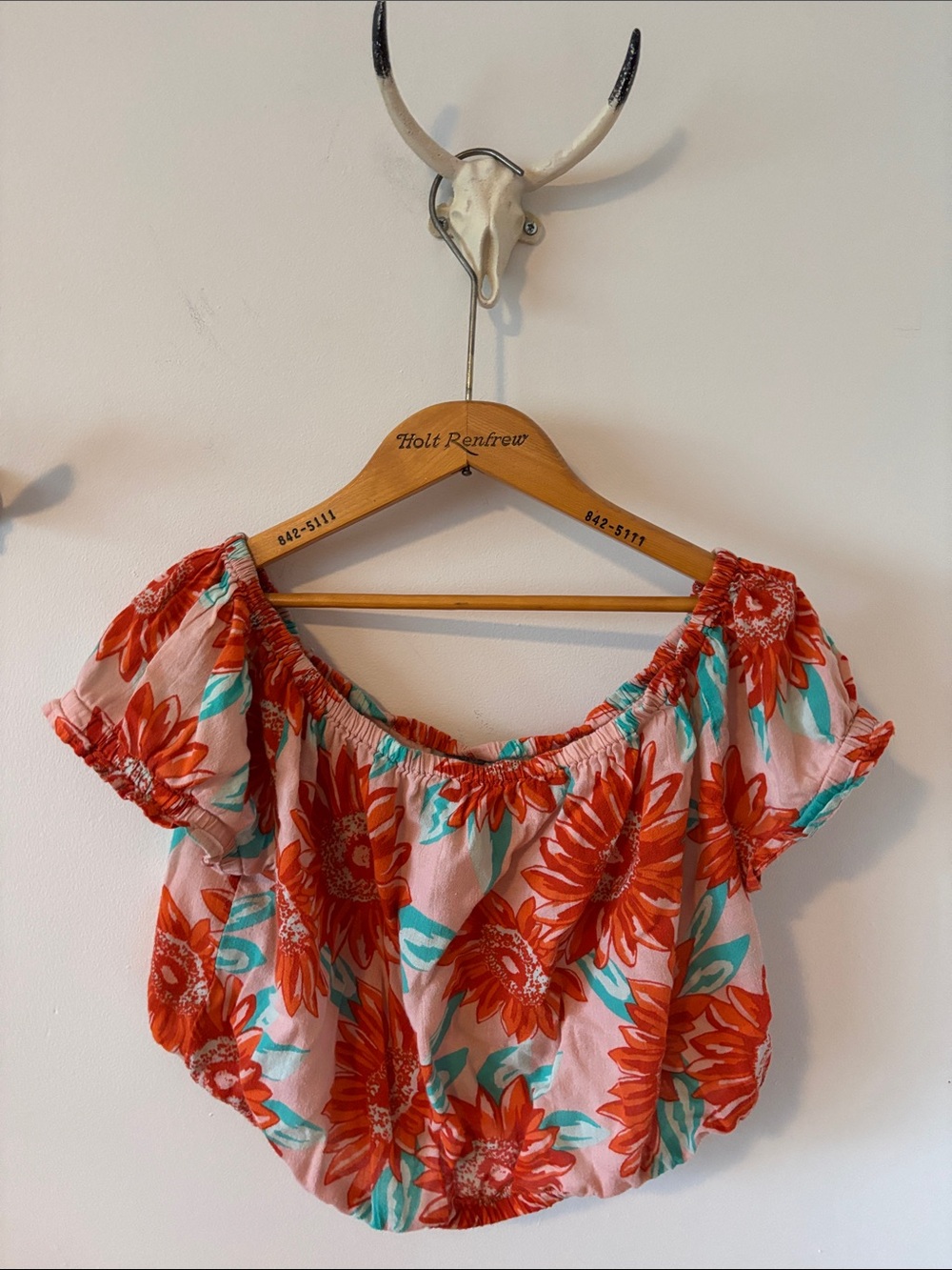 American Eagle Aerie Floral Off-Shoulder Crop Top in Pink & Orange